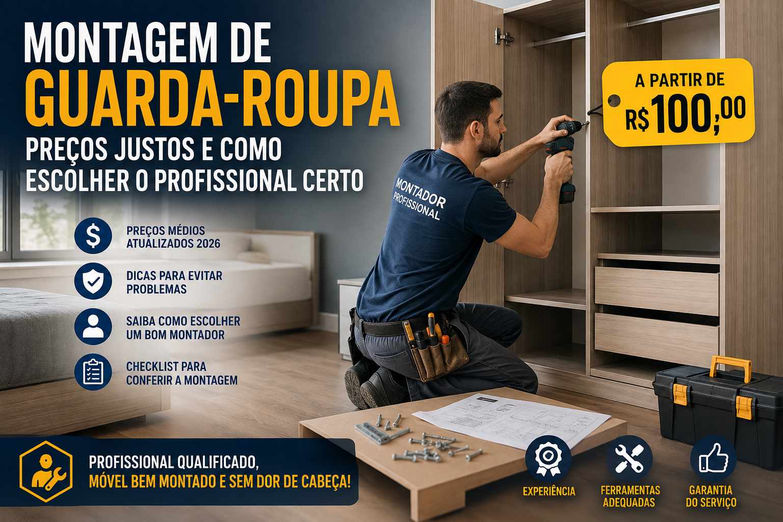 Quanto custa montar um guarda-roupa em 2026? Veja os preços e saiba como escolher um bom montador
