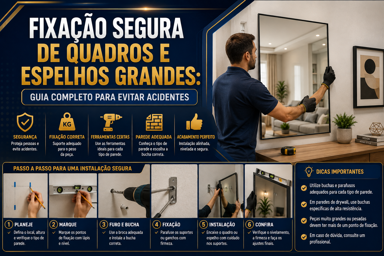 Fixação Segura de Quadros e Espelhos Grandes: Cuidados Essenciais para Evitar Quedas e Acidentes